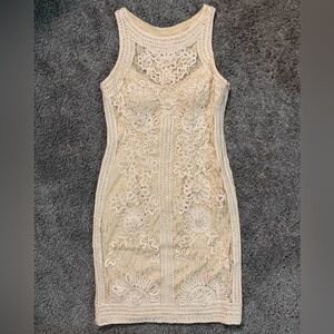 Sue Wong Cream Floral Lace Mini Dress